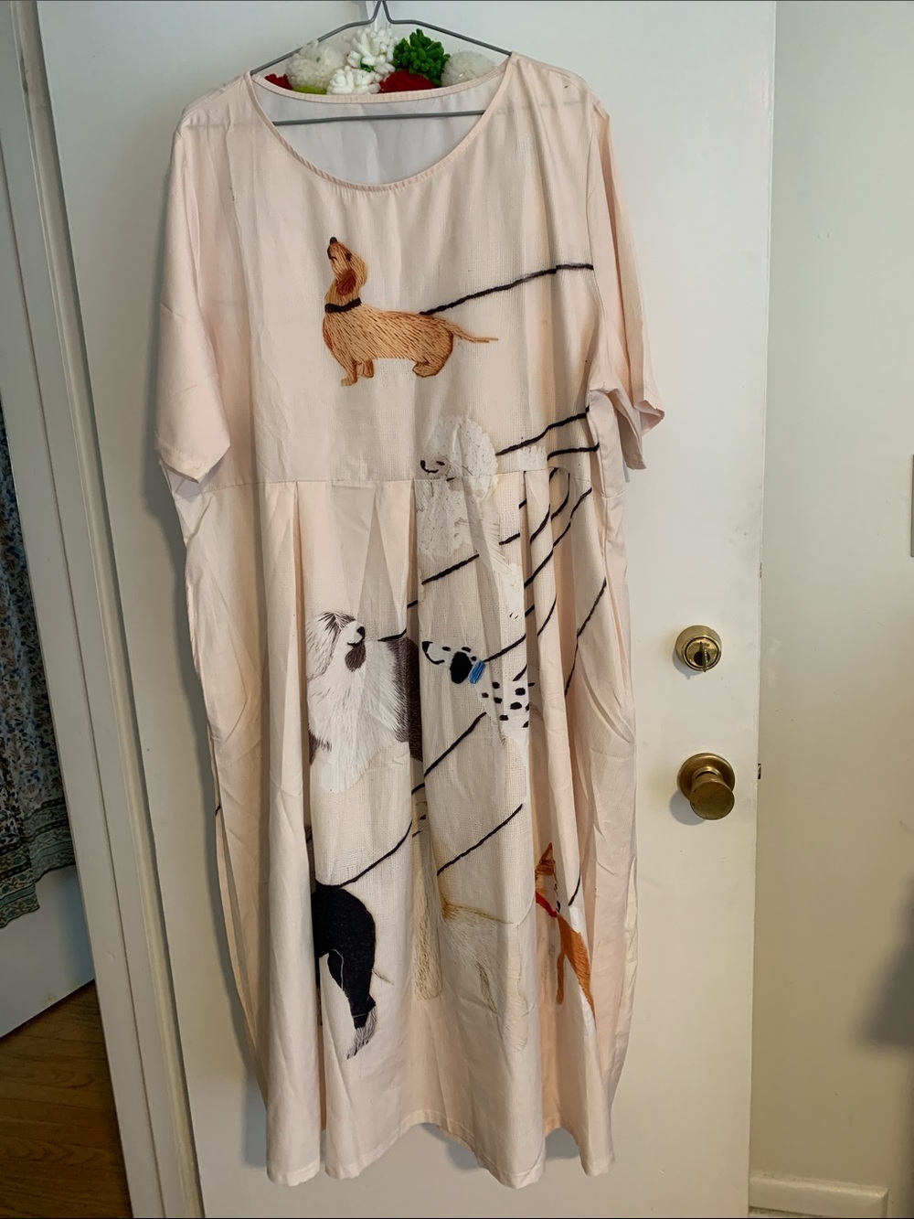 Whimsical Dog Motif Maxi Dress in Soft Cream